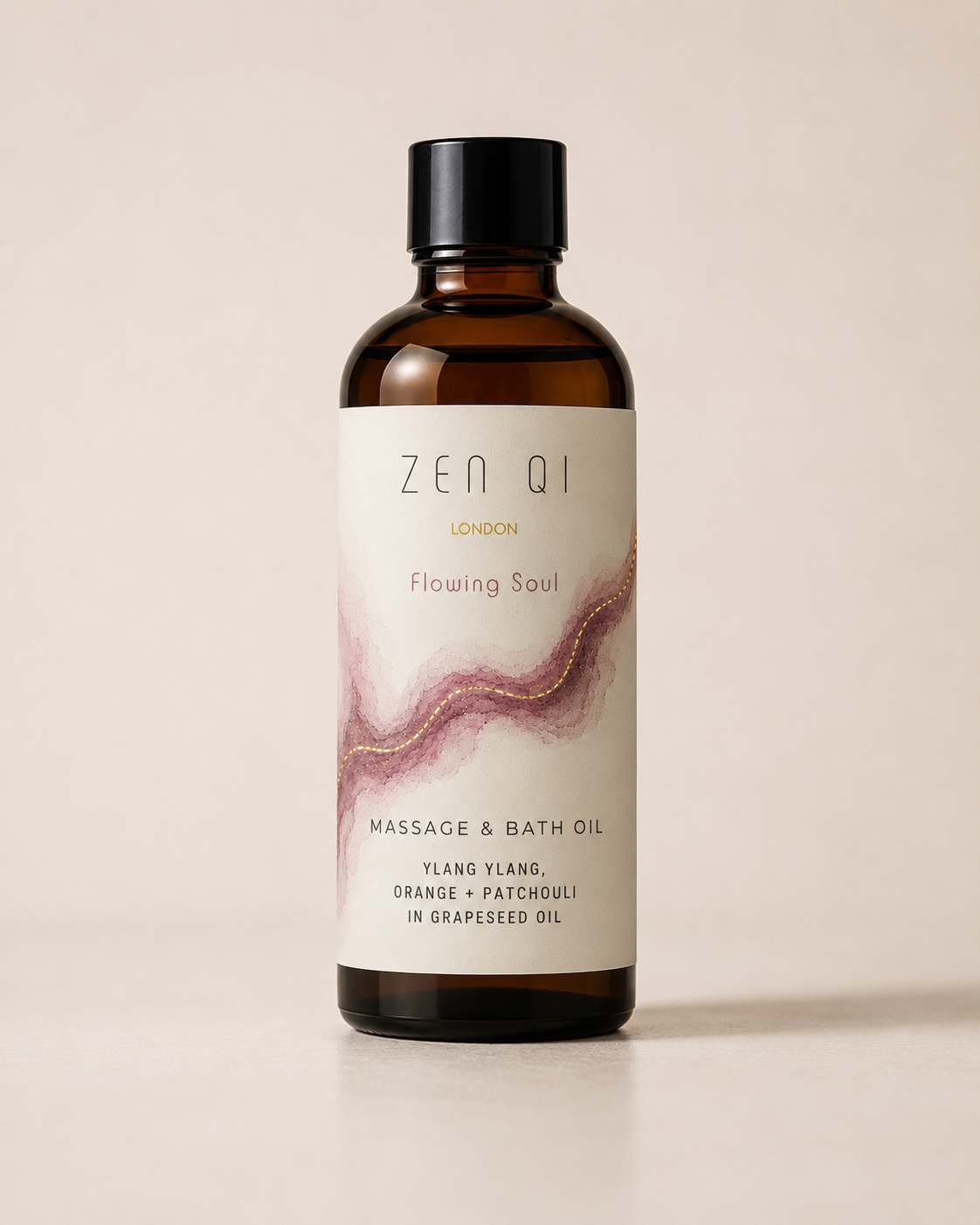 Flowing Soul Zen Qi massage and bath oil bottle