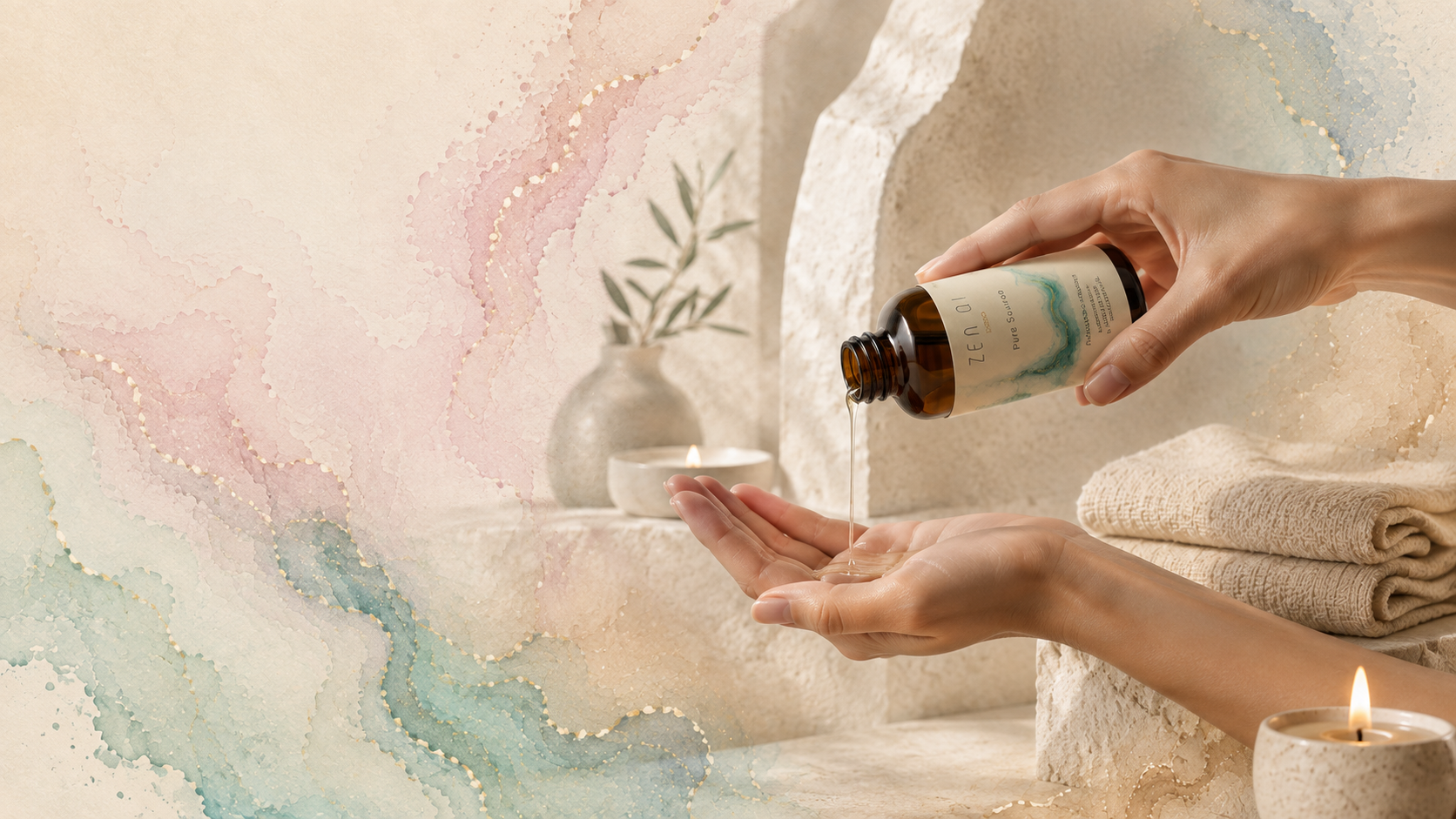 Zen Qi ritual scene with oil being poured into the hands in a premium spa-inspired setting with soft watercolour texture