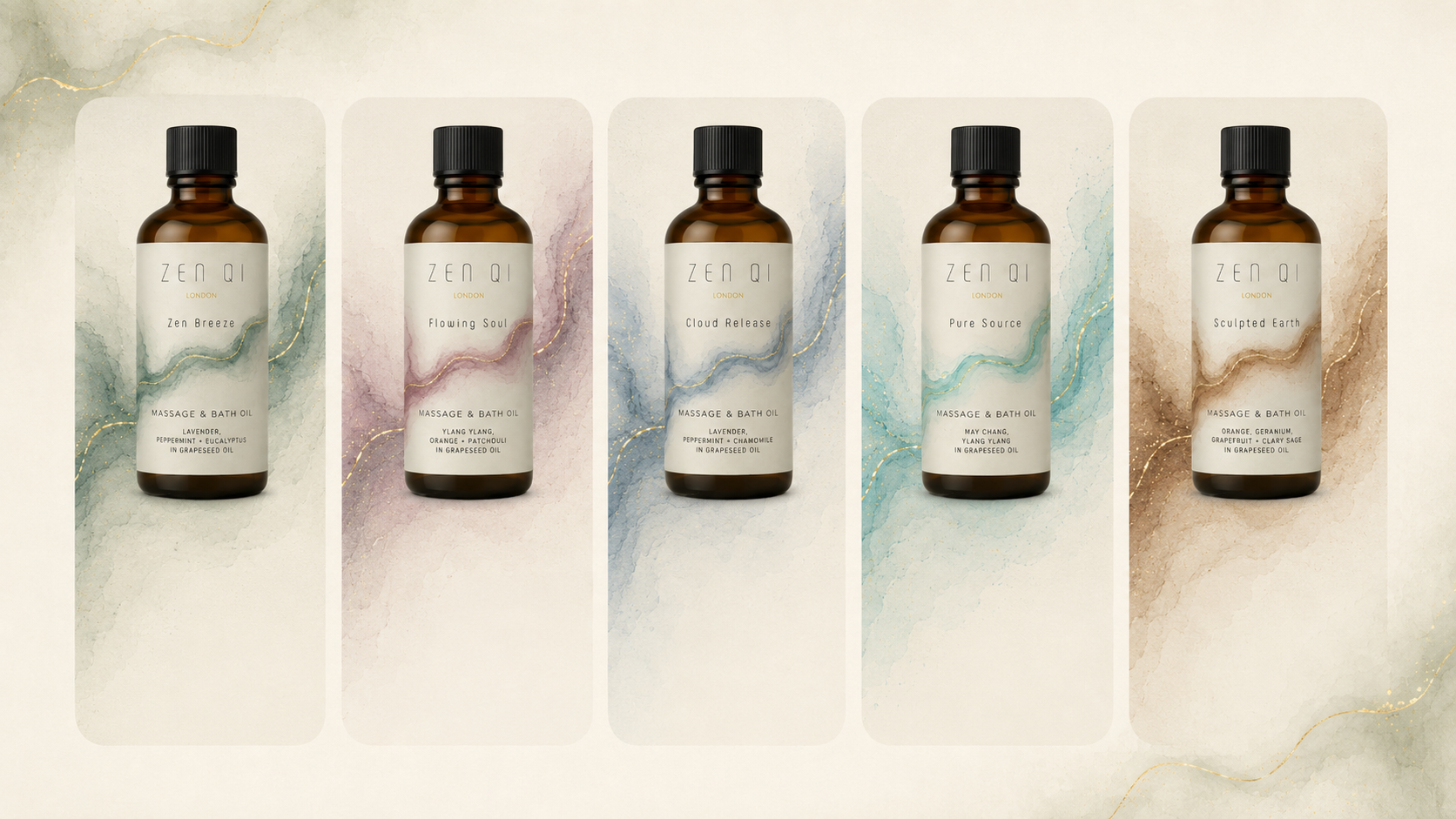 Five Zen Qi massage and bath oils in the collection