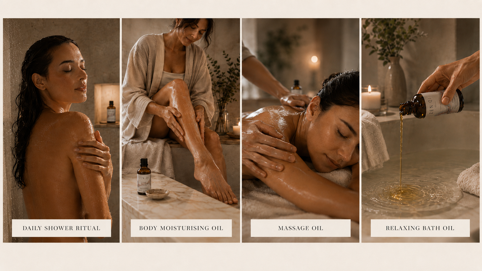 Zen Qi oil for shower ritual, body moisturising, massage and relaxing bath oil